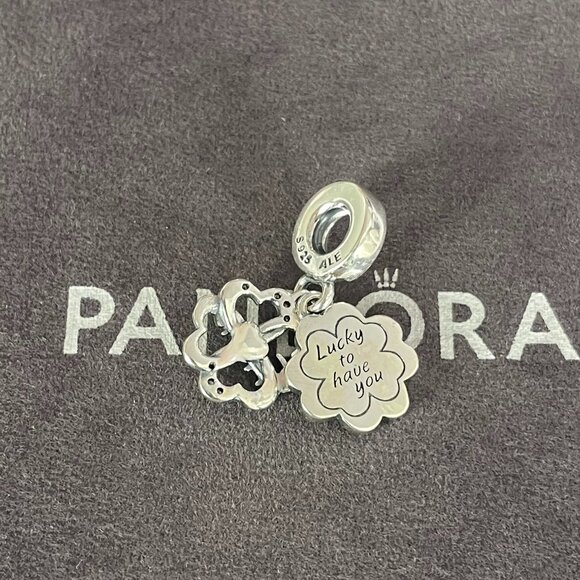 Pandora Four-leaf Clover Friendship Double Dangle Charm - Picture 4 of 5